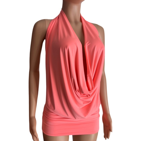 Coral Pink Backless Drape Halter Top - Picture 1 of 16